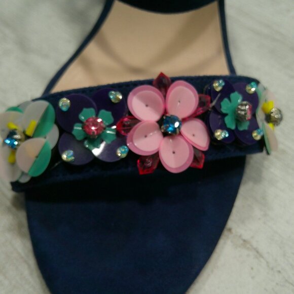 BP Navy Suede High Block Heels with Floral Embellishments Size 10 M - Picture 15 of 15